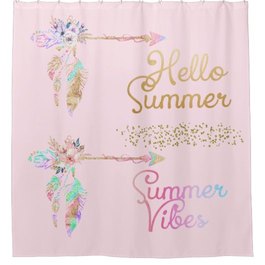 Girly Blush Pink & Gold Boho Feather Hallo Summer Douchegordijn (Voorkant)