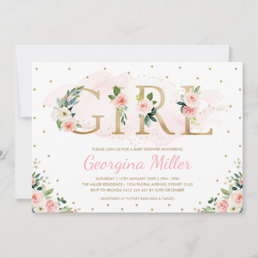 Girly Blush Pink Gold Floral Baby Girl Shower Kaart (Voorkant)