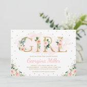 Girly Blush Pink Gold Floral Baby Girl Shower Kaart (Staand voorkant)