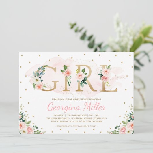 Girly Blush Pink Gold Floral Baby Girl Shower Kaart (Staand voorkant)