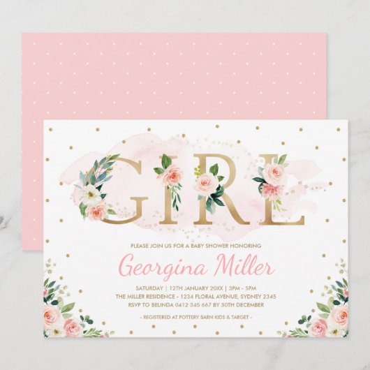 Girly Blush Pink Gold Floral Baby Girl Shower Kaart (Voorkant / Achterkant)