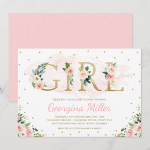 Girly Blush Pink Gold Floral Baby Girl Shower Kaart