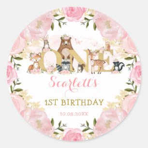 Girly Blush Pink Gold Floral Woodland 1e verjaarda Ronde Sticker