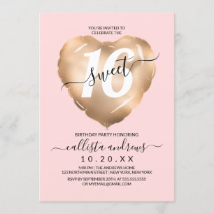 Girly Blush Pink Gold Folie Hart Ballon Sweet 16 Kaart