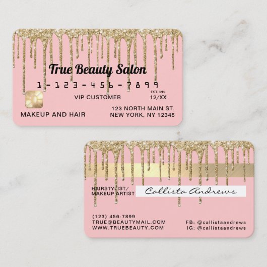 Girly Blush Pink Gold Glitter Drupt Krediet Visitekaartje (Voorkant / Achterkant)