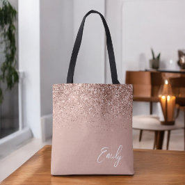 Girly Blush Pink Gold Glitter Monogram Tote Bag