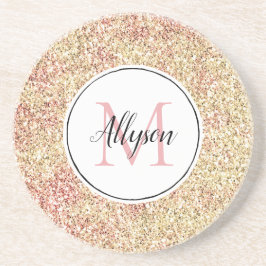 Girly Blush Pink Gold Glitter Print Monogram Zandsteen Onderzetter