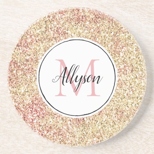 Girly Blush Pink Gold Glitter Print Monogram Zandsteen Onderzetter (Voorkant)