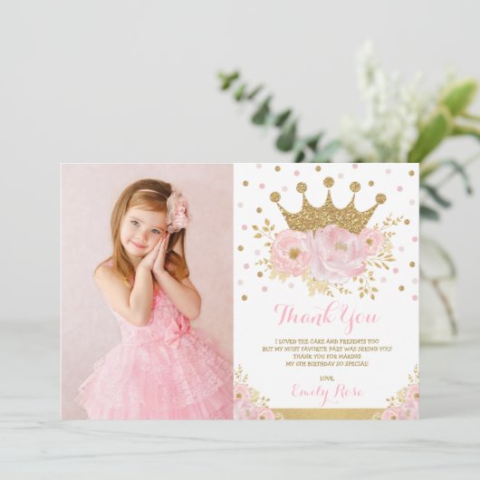 Girly Blush Pink Gold Princess Crown Birthday Bedankkaart (Staand voorkant)