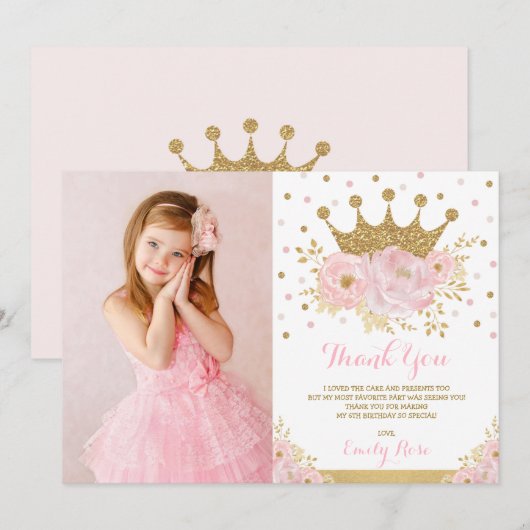 Girly Blush Pink Gold Princess Crown Birthday Bedankkaart (Voorkant / Achterkant)