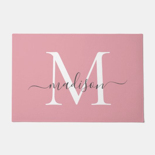 Girly Blush Pink Grey Aangepaste Monogram Script N Deurmat (Voorkant)