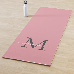 Girly Blush Pink Grey Monogram Elegant Script Yogamat