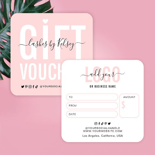 Girly Blush Pink Lash Salon Logo Cadeaubon Vierkante Visitekaartje