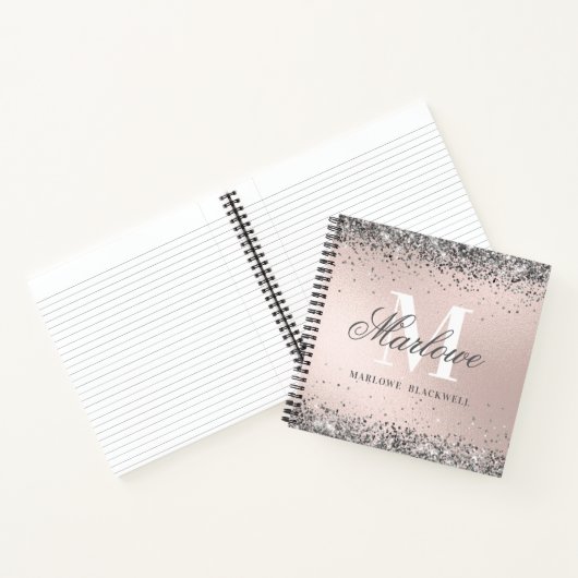 Girly Blush Pink Metallic Silver Glitter Monogram Notitieboek (Binnen)