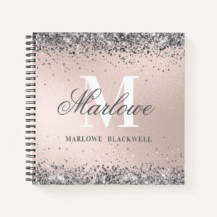 Girly Blush Pink Metallic Silver Glitter Monogram Notitieboek