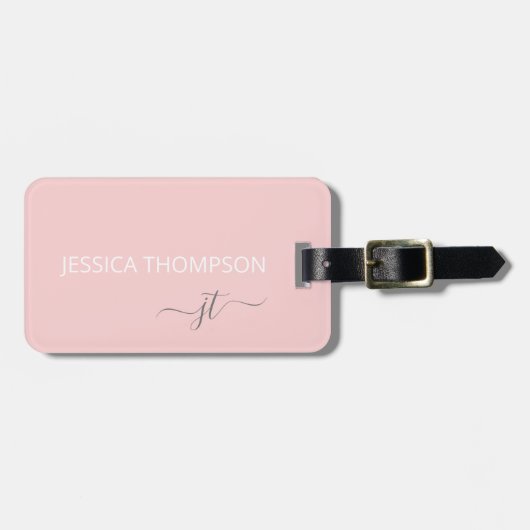 Girly Blush Pink Modern Monogram Naam Eenvoudig  Bagagelabel (Voorkant horizontaal)
