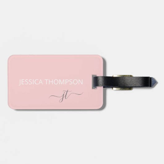 Girly Blush Pink Modern Monogram Naam Eenvoudig Bagagelabel (Achterkant horizontaal)
