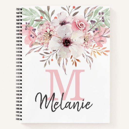 Girly Blush Pink Monogram Floral Notitieboek (Voorkant)