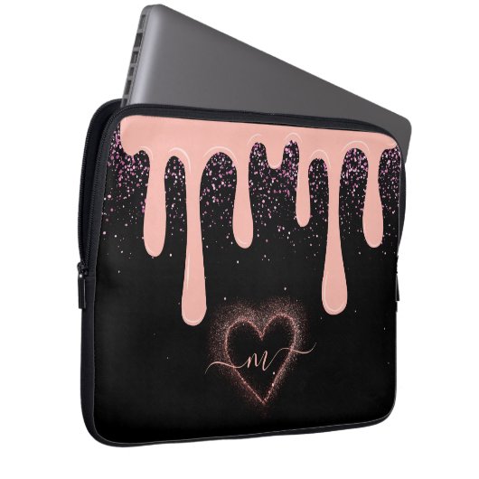 Girly Blush Pink Paint Druppel Glitter Monogrammed Laptop Sleeve (Voorkant Rechts)