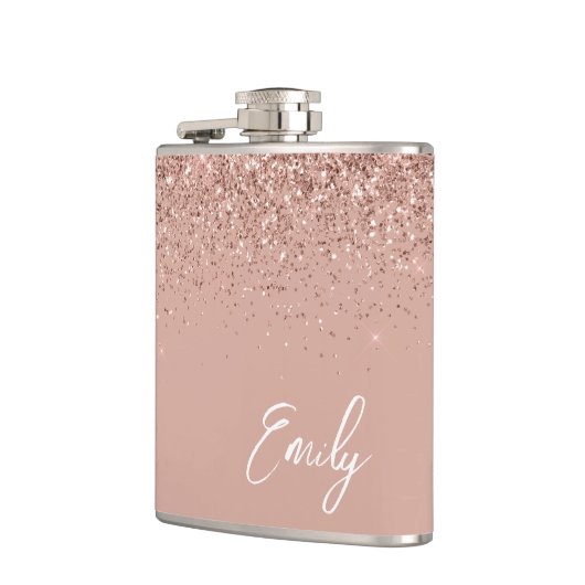 Girly Blush Pink Rose Gold Glitter Monogram Flask Heupfles (Links)