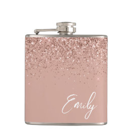 Girly Blush Pink Rose Gold Glitter Monogram Flask Heupfles