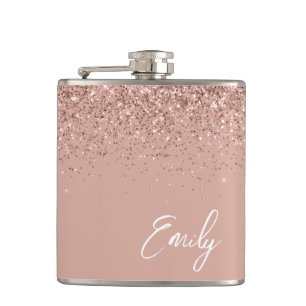 Girly Blush Pink Rose Gold Glitter Monogram Flask Heupfles