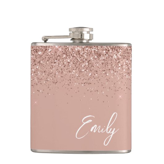 Girly Blush Pink Rose Gold Glitter Monogram Flask Heupfles (Voorkant)
