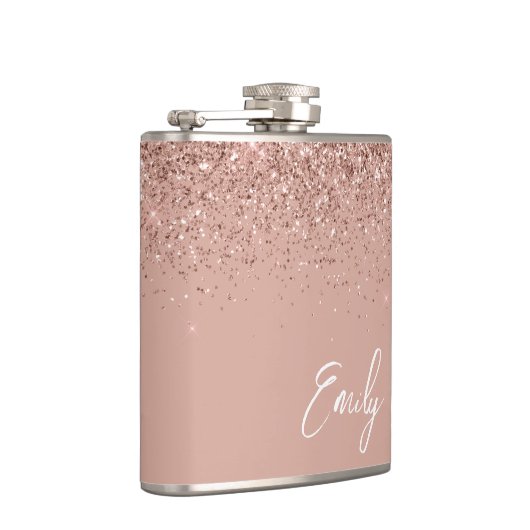 Girly Blush Pink Rose Gold Glitter Monogram Flask Heupfles (Rechts)