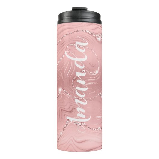 Girly Blush Pink Rose Gold Glitter Monogram Naam Thermosbeker (Voorkant)