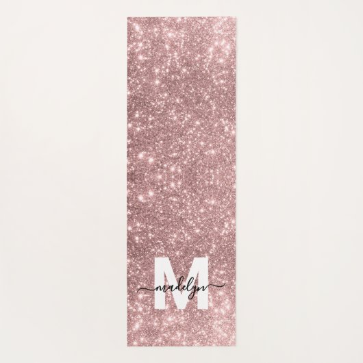 Girly Blush Pink Rose Gold Glitter Naam Monogram Yogamat (Achterkant)
