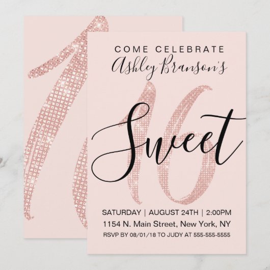 Girly Blush Pink Rose Gold Sequin Glitter Sweet 16 Kaart (Voorkant / Achterkant)