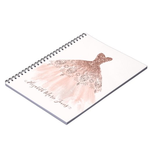 Girly Blush Pink Rose Gold Sparkle Gown Script Notitieboek (Linkerzijde)