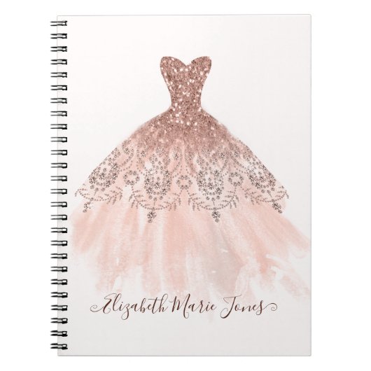 Girly Blush Pink Rose Gold Sparkle Gown Script Notitieboek (Voorkant)