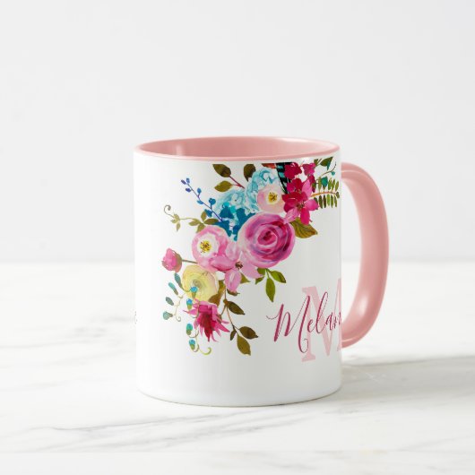 Girly Blush Pink Roses Naam Monogram Mok (Voorkant rechts)