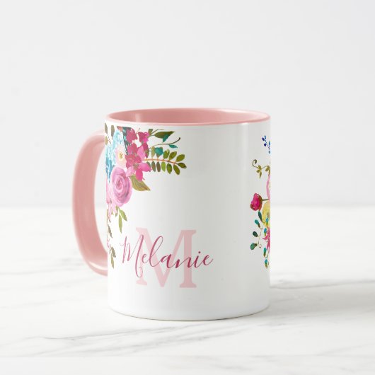 Girly Blush Pink Roses Naam Monogram Mok (Voorkant links)