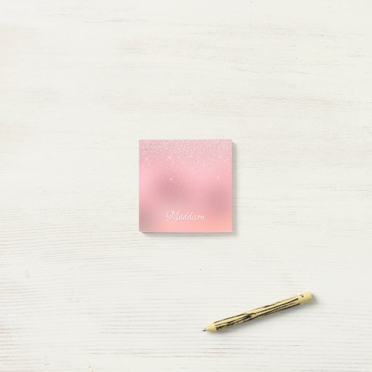 Girly Blush Pink Silver Glitter Persoonlijke naam Post-it® Notes (Op bureau)