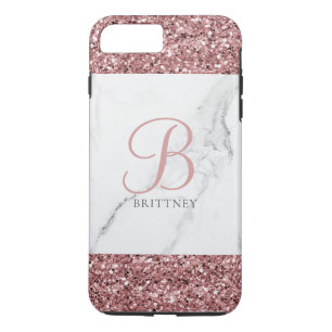 Girly Blush Pink Sparkle Glitter Marble Monogram iPhone 8/7 Plus Hoesje