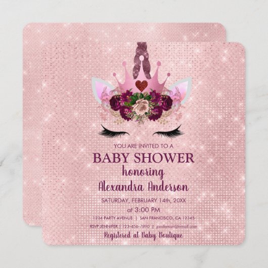 Girly Blush Pink Sparkle Unicorn Baby shower Kaart (Voorkant / Achterkant)