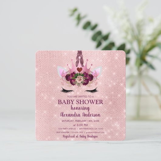 Girly Blush Pink Sparkle Unicorn Baby shower Kaart (Staand voorkant)