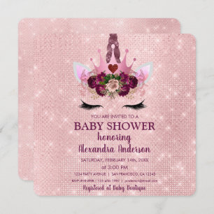 Girly Blush Pink Sparkle Unicorn Baby shower Kaart