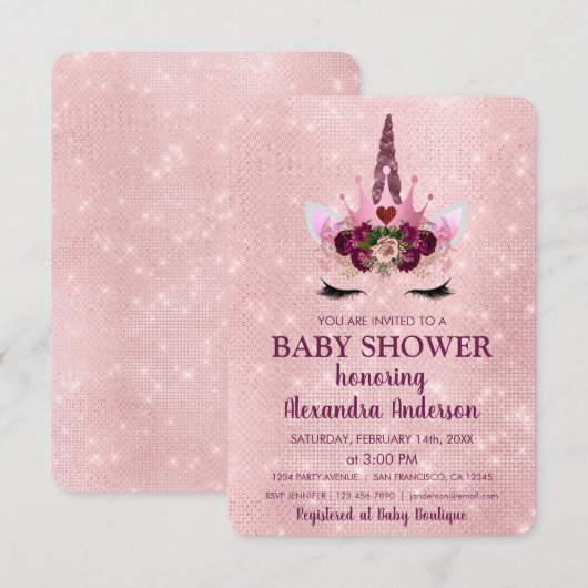Girly Blush Pink Sparkle Unicorn Baby shower Kaart (Voorkant / Achterkant)