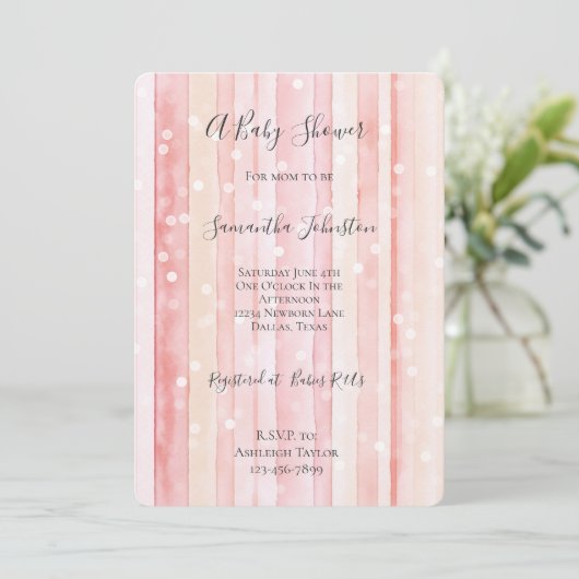 Girly Blush Pink Stripes White Dots Baby Shower Kaart (Staand voorkant)