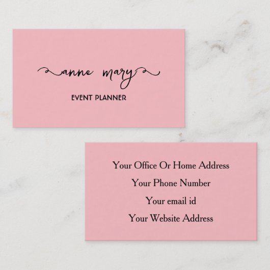 Girly Blush Pink Trendy Kalligrafie Event Planner Visitekaartje (Voorkant / Achterkant)