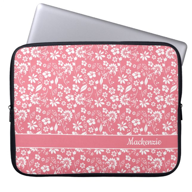 Girly Blush Pink Tropical Flowers Monogram Laptop Sleeve (Voorkant)