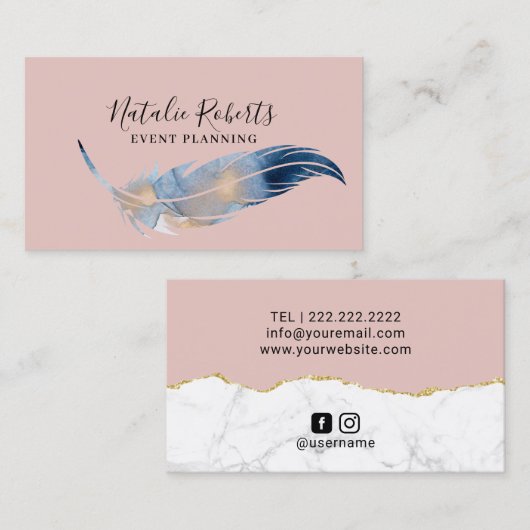 Girly Blush Pink Waterverf Feather Event Planning Visitekaartje (Voorkant / Achterkant)