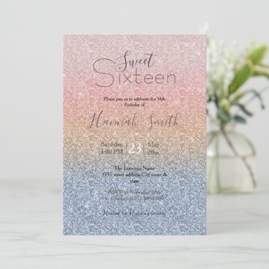 Girly Blush Roos Gold Blue Ombre Glitter Sparkles Kaart (Staand voorkant)