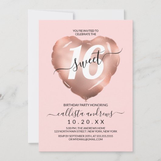 Girly Blush Roos Gold Foil Heart Ballon Sweet 16 Kaart (Voorkant)