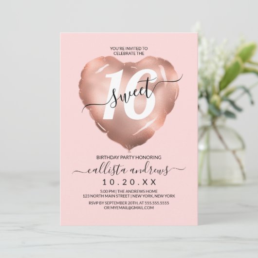 Girly Blush Roos Gold Foil Heart Ballon Sweet 16 Kaart (Staand voorkant)