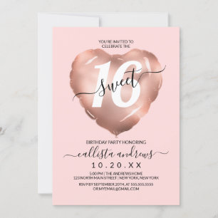 Girly Blush Roos Gold Foil Heart Ballon Sweet 16 Kaart