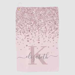 Girly Blush Roos Gold Glitter Diamond Monogrammed Golfhanddoek